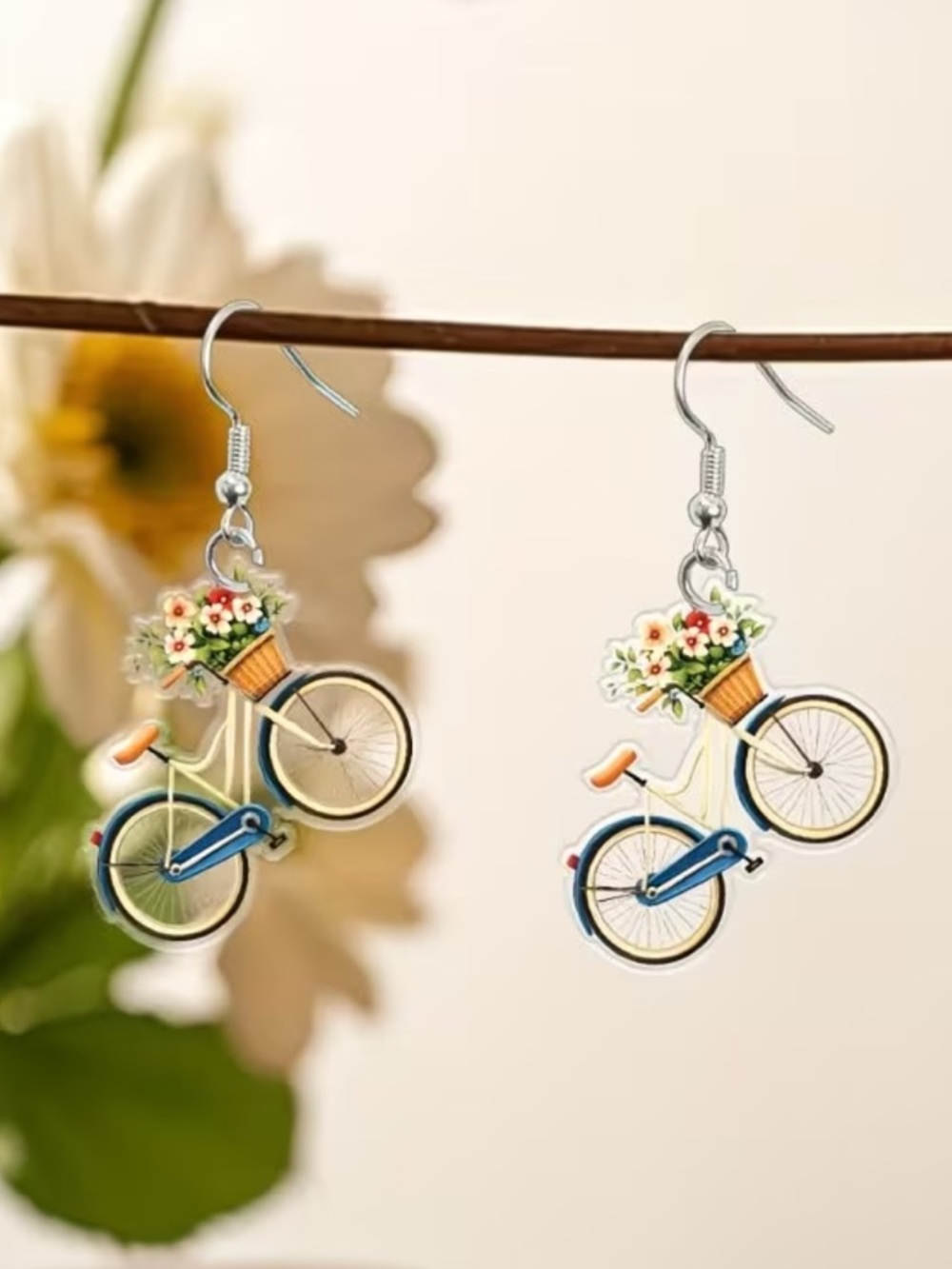 Cute Blue Bicycle Flower Basket Kids Earrings
